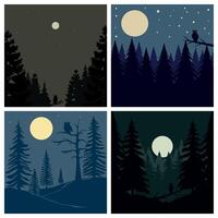 Night Forest Silhouette with Owl, Moon, and Pine Trees Under Starry Sky in Minimal Style vector