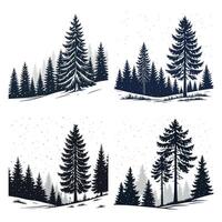 Tranquil Snowy Pine Forest Silhouette with Falling Snow and Winter Trees on a White Background vector