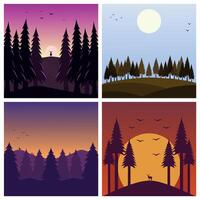 Beautiful Forest Silhouette Scene with Deer and Tall Pine Trees at Sunset and Sunrise Time in Gradient Sky vector