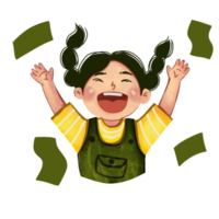 A girl with her arms up in the air and money falling out of her hands png