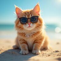 An orange cat wearing sunglasses on the beach photo