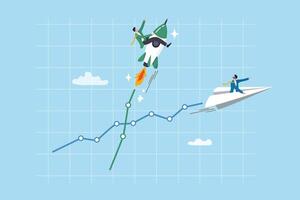 Boost performance, improvement or growth with fast speed progress, self development or marketing and investment, increase efficiency fast concept, businessman riding fast rising speed rocket on graph. vector