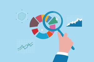 Magnifying glass analyzing investment graph and chart diagram, research statistics, oversight or insight information, market trend concept, businessman hand holding magnifying glass analyze graph. vector