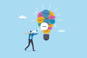 Communication, marketing message to communicate with consumer, advertising strategy, media or announcement information dialogue, businessman talking on megaphone with speech bubble lightbulb idea. vector