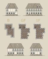 Architectural Renderings of a Timber-Frame House with Floor Plans vector
