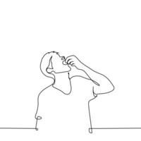 man with mouth open and face up puts or pours something small into his mouth - one line art taking pills vector