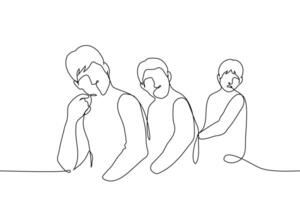 men sitting in a row turned and looking behind their backs - one line art . attracting a male audience vector