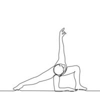 man in pose of yoga leg extended, second bent at knee with one hand he rests on the floor with forearm, other hand he raised up - one line art . concept training, stretching, yoga, pilates vector