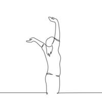 woman standing stretching arms up - one line art . concept simple stretching after staying in one pose for a long time vector