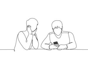 man sitting holding phone, man sitting next to him looking at it attentively - one line art . peeking at someone else's phone, waiting for attention while someone is busy vector