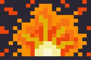 pixel explosion with round yellow center and flying fire pieces on dark blue background. explosion scene for conceptual game in pixel art style, in primitive square blocks vector