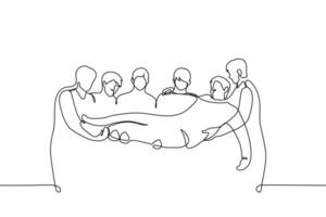 group of men standing in a row holding a man - one line art . concept cheering someone, sick or injured, carrying in arms vector