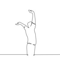 man standing stretching his arms up - one line art . concept simple stretching after staying in one pose for a long time vector