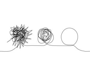 three states of problems mess very confused, less confused and chaotic, untangled and clear - one line art . vector