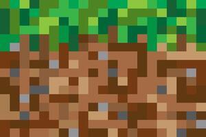 pixel horizontal background of top layer of earth in section with grass on top close-up. conceptual game ground texture in pixel art style, earth and grass in primitive square blocks vector