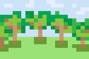 pixel horizontal background with trees against the sky. park or forest conceptual game in pixel art style, in primitive square blocks vector