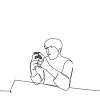 man sitting at table holding phone with both hands - one line art . concept correspondence in messengers, addiction to social networks or phone vector