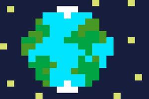 pixel background of planet earth with stars on dark blue background. space background of conceptual game in pixel art style, planet in space in primitive square blocks vector
