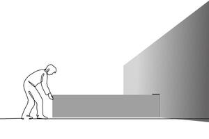 man pulled out a very long drawer from a cabinet along the entire wall - one line art . very old archive, lots of data, undigitized content, card file vector