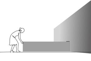 woman pulled out a very long drawer from a cabinet along the entire wall - one line art . very old archive, lots of data, undigitized content, card file vector