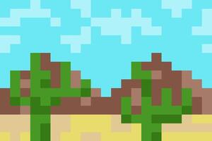 pixel desert background with mountains and cacti in the foreground. pixel art concept game background, landscape in primitive square blocks vector