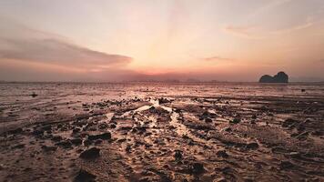 Stunning Sunset Over Muddy Beach with Rocks and Distant Hills Creating a Serene and Tranquil Coastal Landscape photo