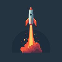 Colorful rocket launch illustration with fire and smoke trail on dark space background for technology and startup concepts vector
