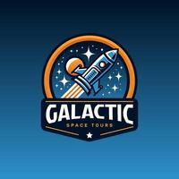 Galactic space tours logo with rocket ship and stars in retro badge style for futuristic branding and sci-fi projects vector