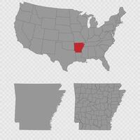 Arkansas map set with USA location, clean outline, and full county breakdown. vector