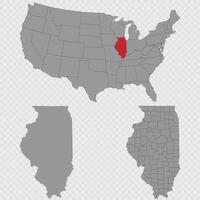 Illinois map set with USA location, clean outline, and full county breakdown. vector