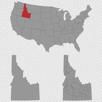 Idaho map set with USA location, clean outline, and full county breakdown. vector