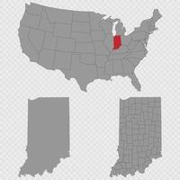 Indiana map set with USA location, clean outline, and full county breakdown. vector