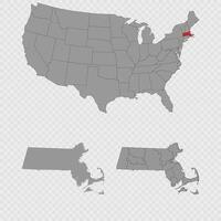 Massachusetts map set with USA location, clean outline, and full county breakdown. vector