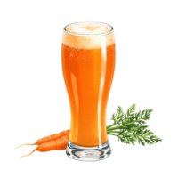 watercolor Tall glass of orange juice with foam top and carrots with green leaves next to it on the surface on transparent background png
