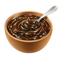 A watercolor bowl of rich fudge with a spoon resting inside on a plain backdrop ready to be eaten as dessert on transparent background png