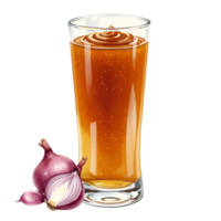 A watercolor glass filled with a brown liquid next to red onions on a plain colored surface with a plain color on transparent background png