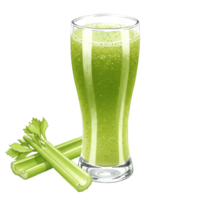 A watercolor tall glass filled with a green smoothie next to some fresh celery stalks on a plain surface on transparent background png