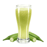 watercolor Tall glass filled with a green smoothie and okra pods placed around the glass base on a plain surface on transparent background png