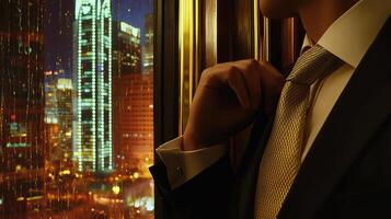 A man in a suit and tie looking out a window photo