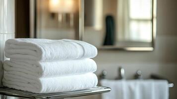 A stack of towels on a bathroom shelf photo