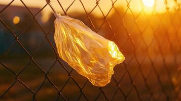 A plastic bag hanging on a fence photo