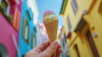 A person holding an ice cream cone in front of colorful buildings photo