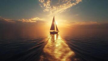 A sailboat is sailing in the ocean at sunset photo