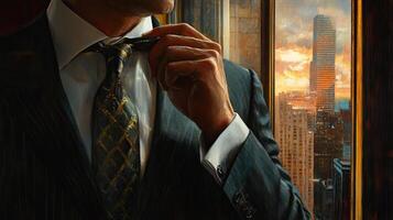 A man in a suit is adjusting his tie photo