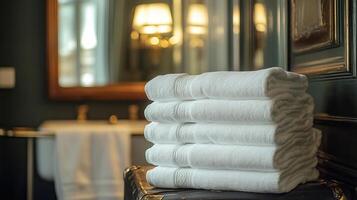 A stack of white towels on a table in a bathroom photo