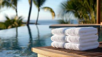 Three towels stacked on a wooden table near the pool photo