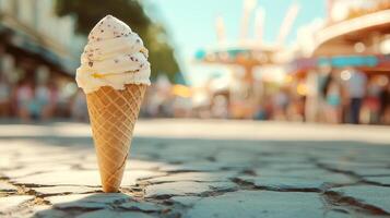 An ice cream cone is sitting on the ground in front of a crowd photo