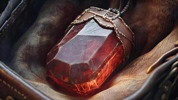 A red stone is sitting in a leather pouch photo