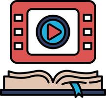 A book with a red and blue screen with a play button on it vector