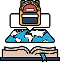 A backpack is on top of a book with a globe underneath vector